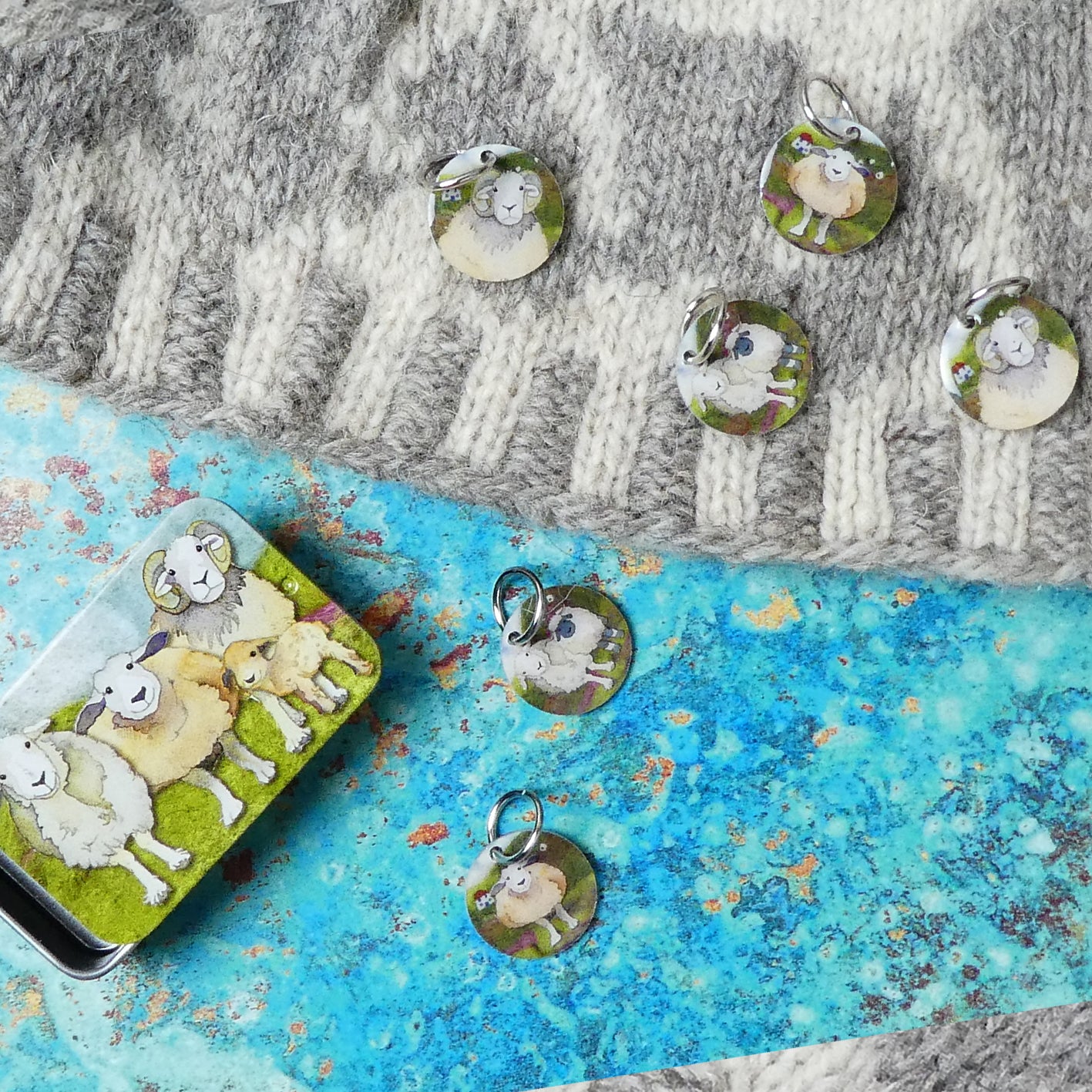 Emma Ball Felted Sheep Stitch Markers in Tin